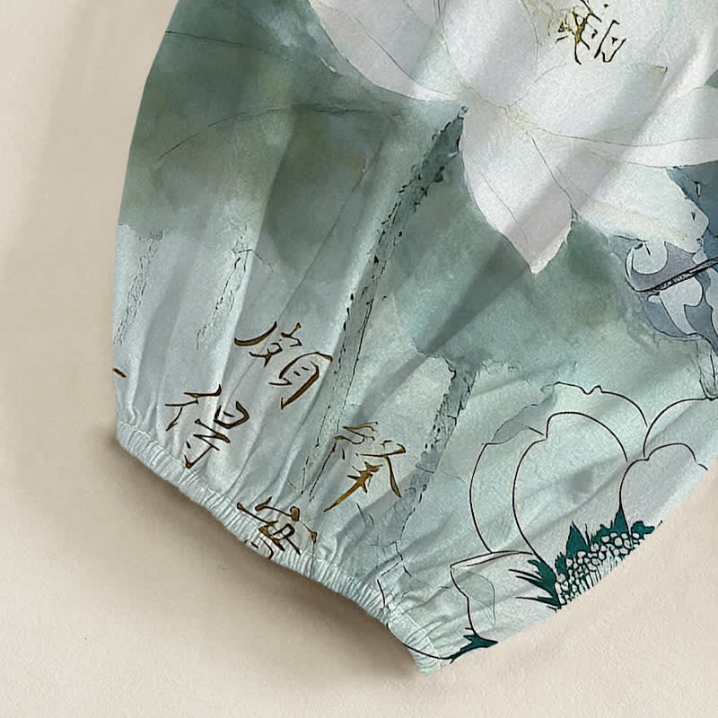 Buddha Stones Baumwoll-Haremshose mit Lotus-Tintenwaschmuster, elastischem Bund und Seitentaschen - image 6