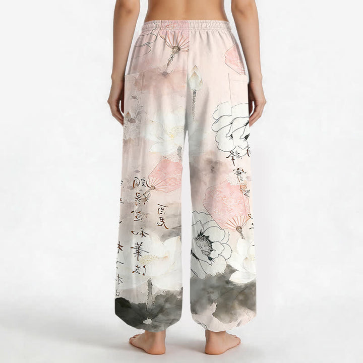 Buddha Stones Baumwoll-Haremshose mit Lotus-Tintenwaschmuster, elastischem Bund und Seitentaschen - image 9