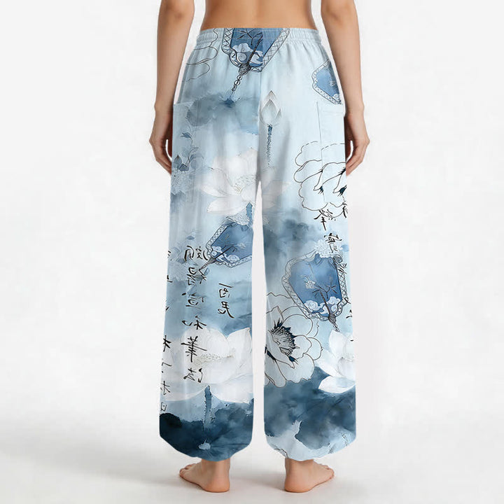 Buddha Stones Baumwoll-Haremshose mit Lotus-Tintenwaschmuster, elastischem Bund und Seitentaschen - image 12