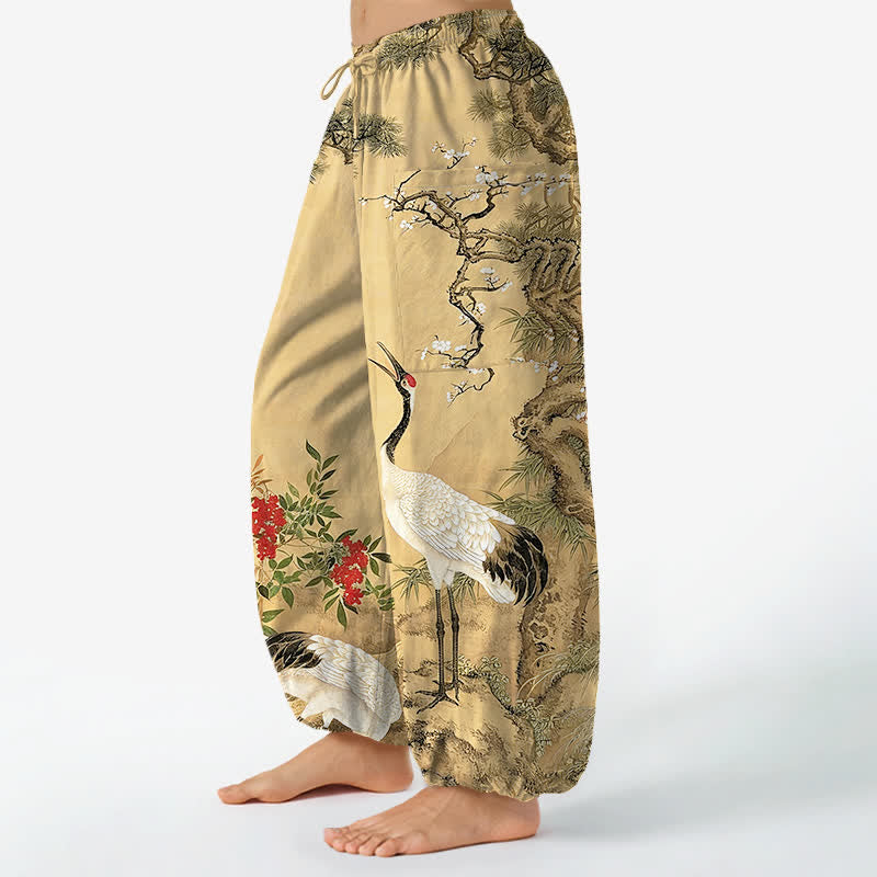 Buddha Stones Baumwoll-Haremshose für Damen mit orientalischem Kranich- und Kiefernblütenmuster, elastischem Bund und Seitentaschen - image 1