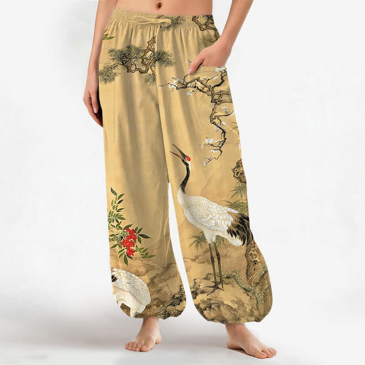 Buddha Stones Baumwoll-Haremshose für Damen mit orientalischem Kranich- und Kiefernblütenmuster, elastischem Bund und Seitentaschen - Blassgoldenrode - US16, UK/AU20, EU48 (3XL) - image 0