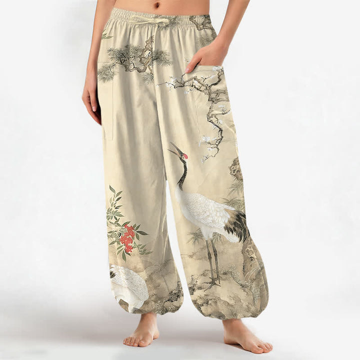 Buddha Stones Baumwoll-Haremshose für Damen mit orientalischem Kranich- und Kiefernblütenmuster, elastischem Bund und Seitentaschen - Beige - US16, UK/AU20, EU48 (3XL) - image 7