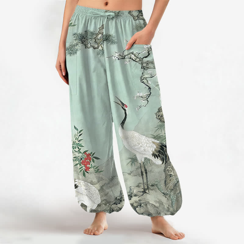Buddha Stones Baumwoll-Haremshose für Damen mit orientalischem Kranich- und Kiefernblütenmuster, elastischem Bund und Seitentaschen - Helltürkis - US16, UK/AU20, EU48 (3XL) - image 12