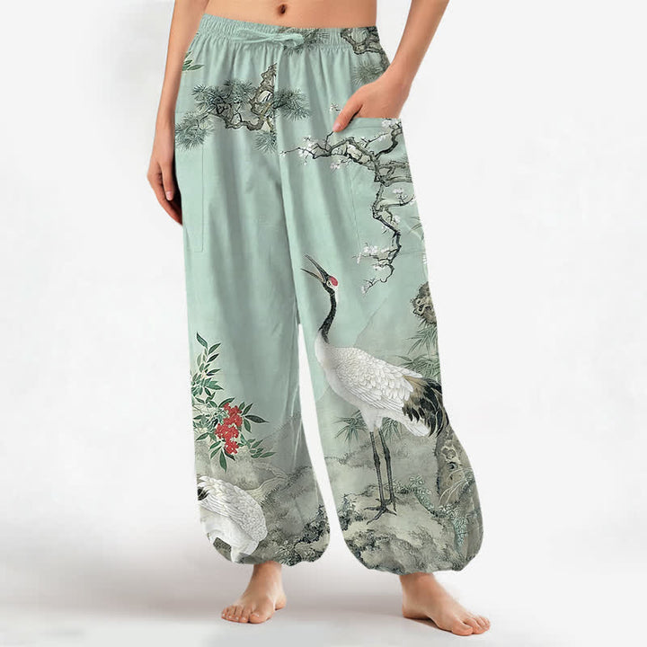 Buddha Stones Baumwoll-Haremshose für Damen mit orientalischem Kranich- und Kiefernblütenmuster, elastischem Bund und Seitentaschen - Helltürkis - US16, UK/AU20, EU48 (3XL) - image 12