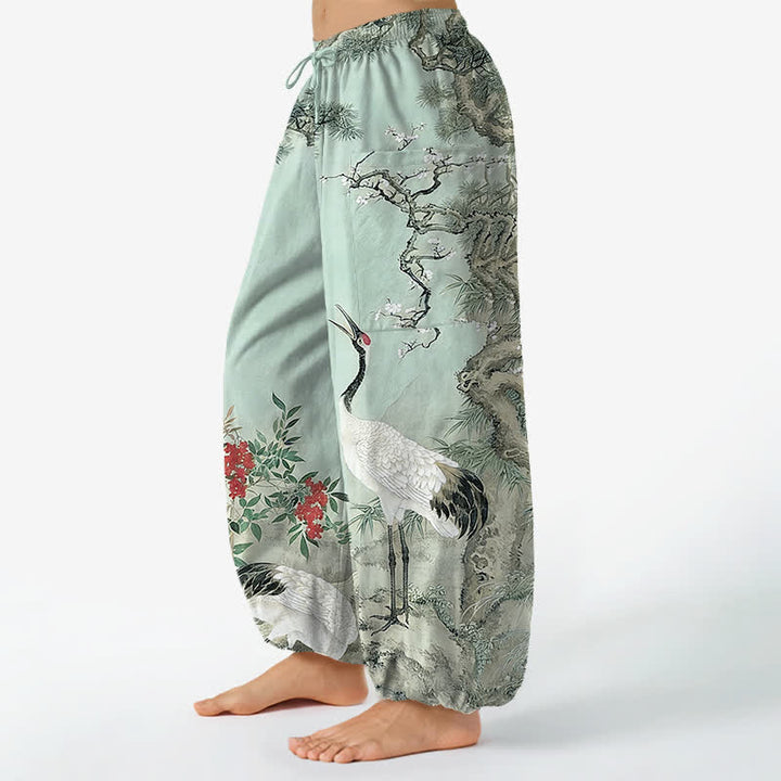 Buddha Stones Baumwoll-Haremshose für Damen mit orientalischem Kranich- und Kiefernblütenmuster, elastischem Bund und Seitentaschen - image 13