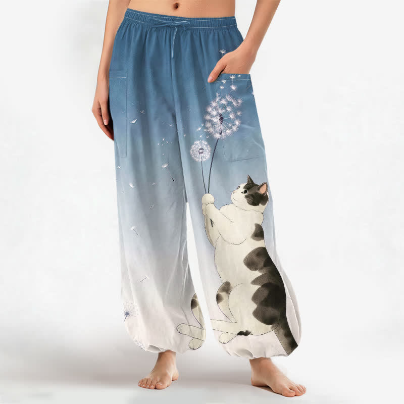 Buddha Stones Baumwoll-Haremshose für Damen mit verträumtem Kuh-, Katzen- und Löwenzahnmuster, elastischem Bund und Seitentaschen - SteelBlue - US16, UK/AU20, EU48 (3XL) - image 0