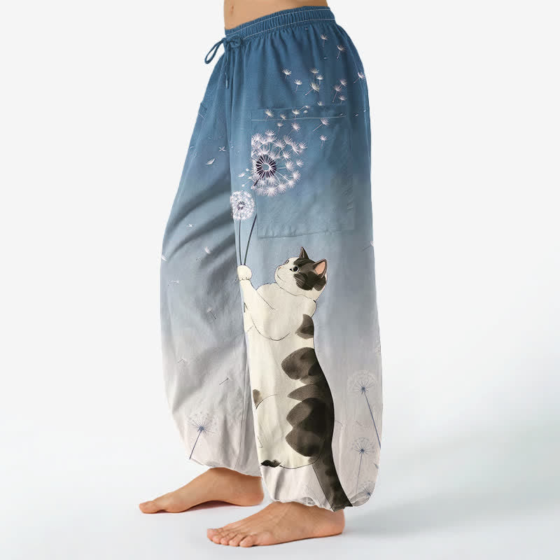 Buddha Stones Baumwoll-Haremshose für Damen mit verträumtem Kuh-, Katzen- und Löwenzahnmuster, elastischem Bund und Seitentaschen - image 1