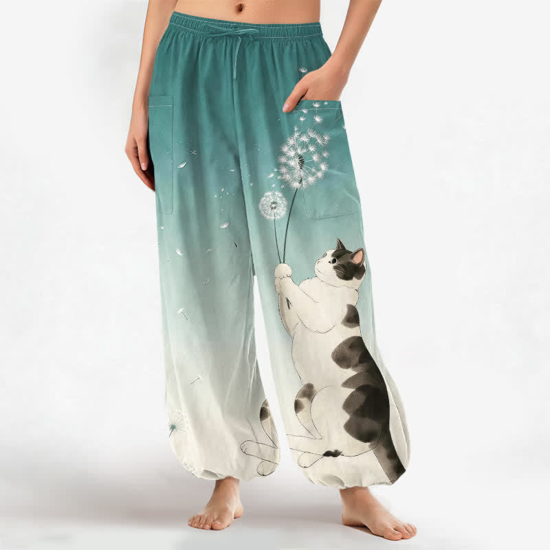 Buddha Stones Baumwoll-Haremshose für Damen mit verträumtem Kuh-, Katzen- und Löwenzahnmuster, elastischem Bund und Seitentaschen - Türkis - US16, UK/AU20, EU48 (3XL) - image 7