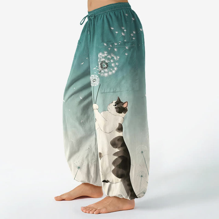 Buddha Stones Baumwoll-Haremshose für Damen mit verträumtem Kuh-, Katzen- und Löwenzahnmuster, elastischem Bund und Seitentaschen - image 8
