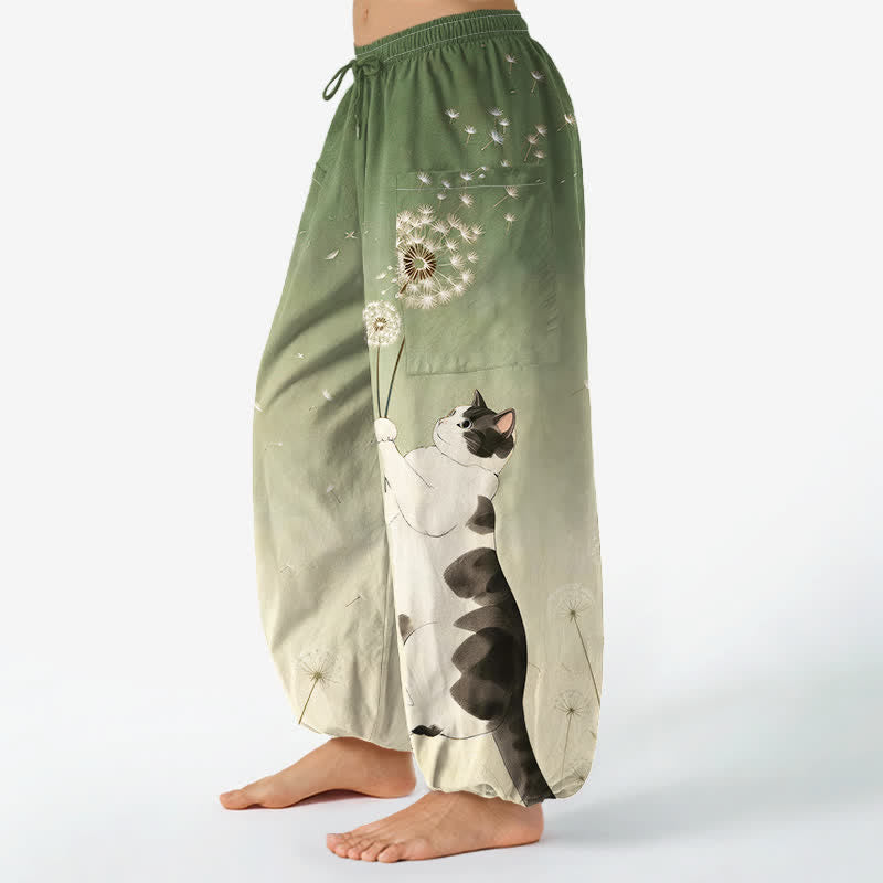 Buddha Stones Baumwoll-Haremshose für Damen mit verträumtem Kuh-, Katzen- und Löwenzahnmuster, elastischem Bund und Seitentaschen - image 11