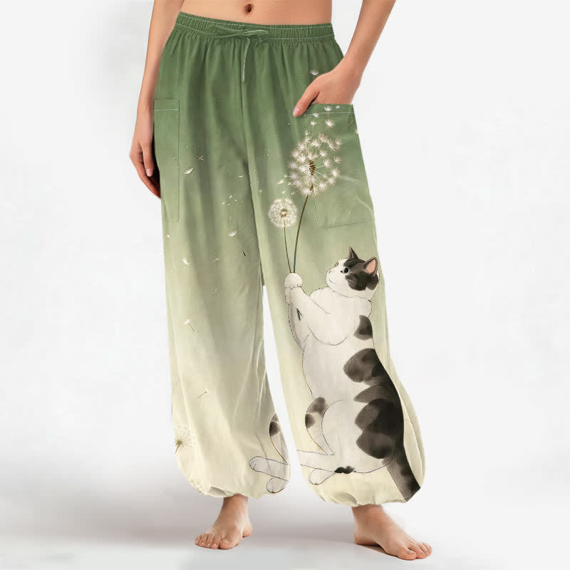 Buddha Stones Baumwoll-Haremshose für Damen mit verträumtem Kuh-, Katzen- und Löwenzahnmuster, elastischem Bund und Seitentaschen - Olivgrün - US16, UK/AU20, EU48 (3XL) - image 10