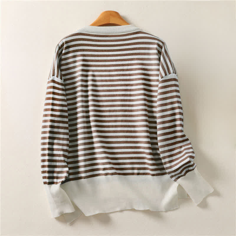 Buddha Stones Lässiger Vintage-Strickpullover mit Streifenmuster, Rundhalsausschnitt und langen Ärmeln aus Baumwolle für Damen – perfekt für Herbst und Winter. - image 1