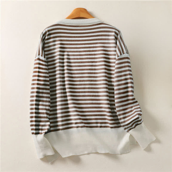 Buddha Stones Lässiger Vintage-Strickpullover mit Streifenmuster, Rundhalsausschnitt und langen Ärmeln aus Baumwolle für Damen – perfekt für Herbst und Winter. - image 1
