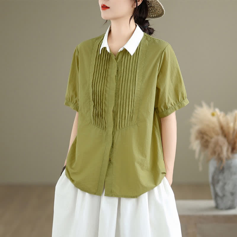 Buddha Stones Lässiges, minimalistisches Kurzarmhemd für Damen mit Knopfleiste, Kontrastkragen und Falten – perfekt für den Sommer. - Dunkelkhaki - US8-10, UK/AU12-14, EU40-42 (2XL) - image 0