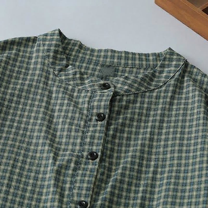 Buddha Stones Lässiges Vintage-Damenkleid mit Knopfleiste und Karomuster, langen Ärmeln für den Herbst - image 2