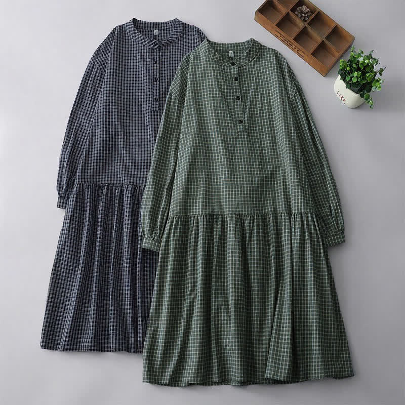 Buddha Stones Lässiges Vintage-Damenkleid mit Knopfleiste und Karomuster, langen Ärmeln für den Herbst - image 15