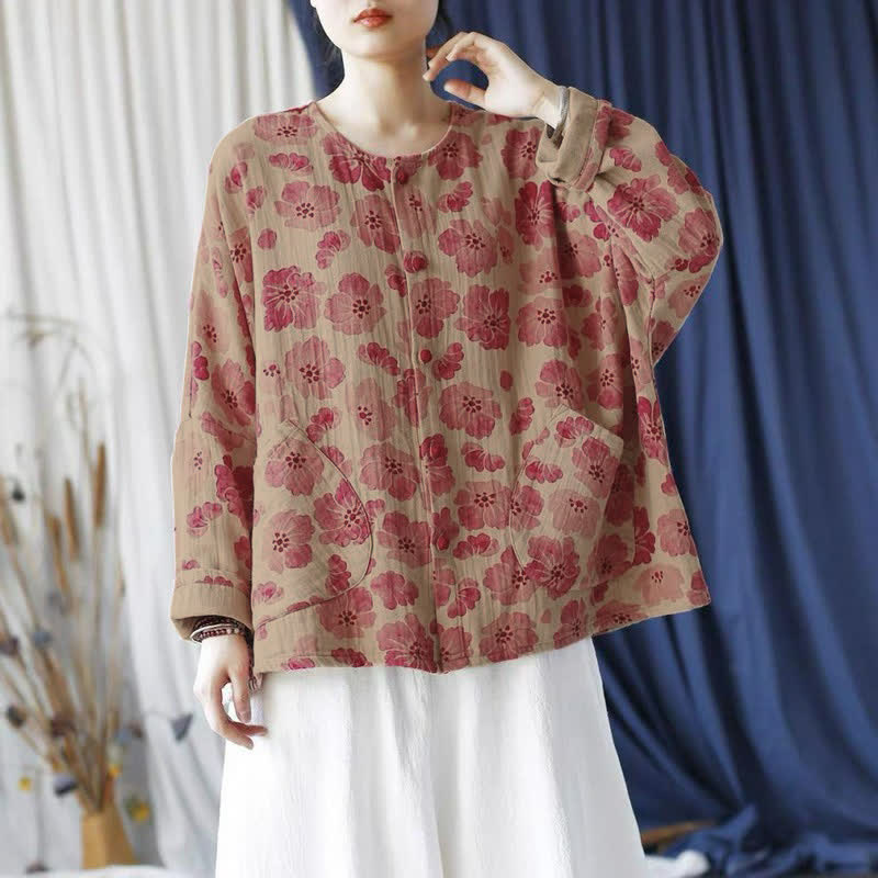 Buddha Stones Elegante, rosafarbene Damenjacke im Retro-Stil mit Knopfleiste, Blumenmuster und Tasche für den Frühling. - image 1