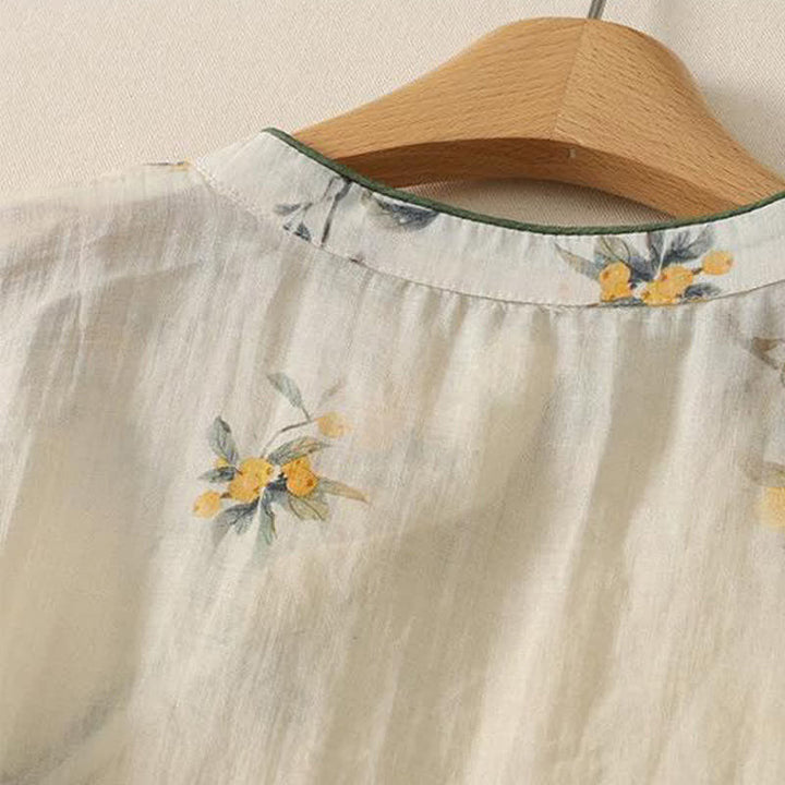Buddha Stones Frühlingshafte Damen-Langarmblusen im Vintage-Stil mit Stehkragen, Froschknopf und gelbem Mispelblumenmuster. - image 3