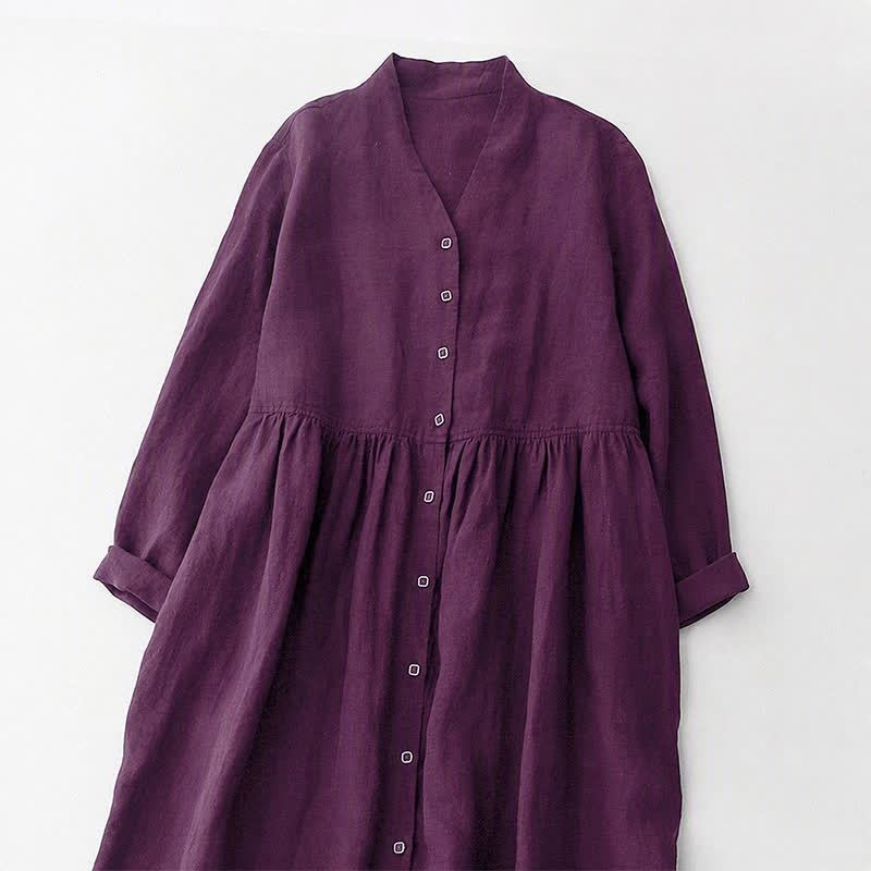 Buddha Stones Lässiges, minimalistisches, lila Damenkleid mit langen Ärmeln und Taschen für den Herbst - image 4