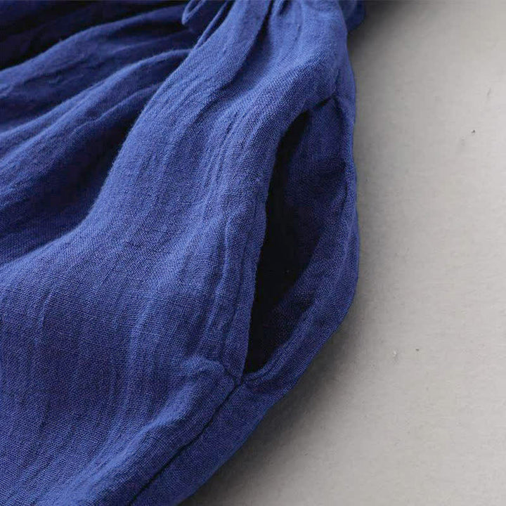 Buddha Stones Lässiges, blaues Vintage-Kleid für Damen mit langen Ärmeln, Knopfleiste, Kordelzug und Tasche für Frühling und Herbst. - image 6