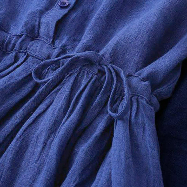 Buddha Stones Lässiges, blaues Vintage-Kleid für Damen mit langen Ärmeln, Knopfleiste, Kordelzug und Tasche für Frühling und Herbst. - image 5