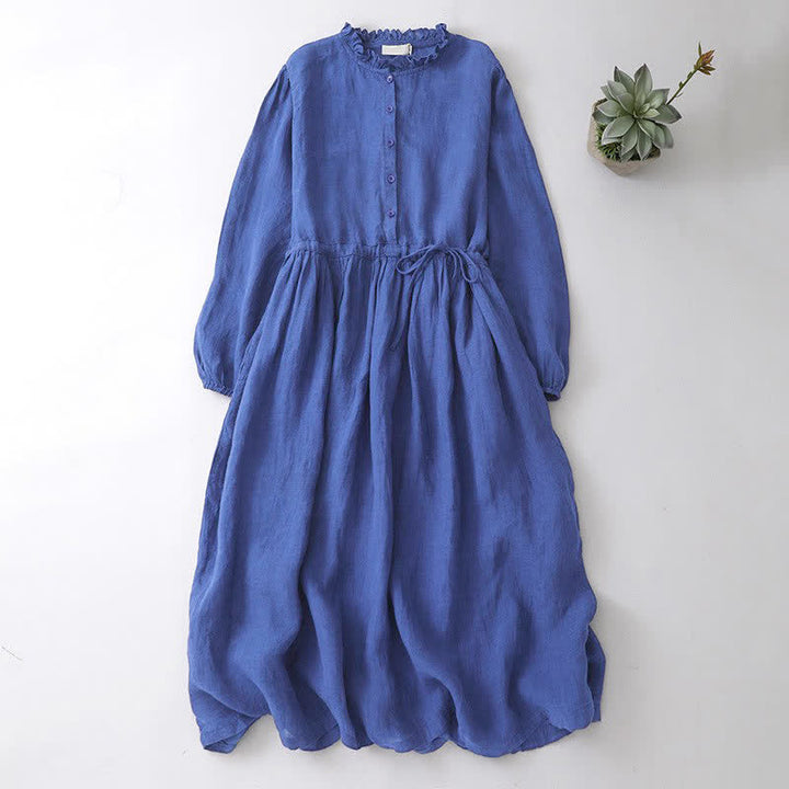Buddha Stones Lässiges, blaues Vintage-Kleid für Damen mit langen Ärmeln, Knopfleiste, Kordelzug und Tasche für Frühling und Herbst. - Königsblau - US12, UK/AU16, EU44 (2XL) - image 0