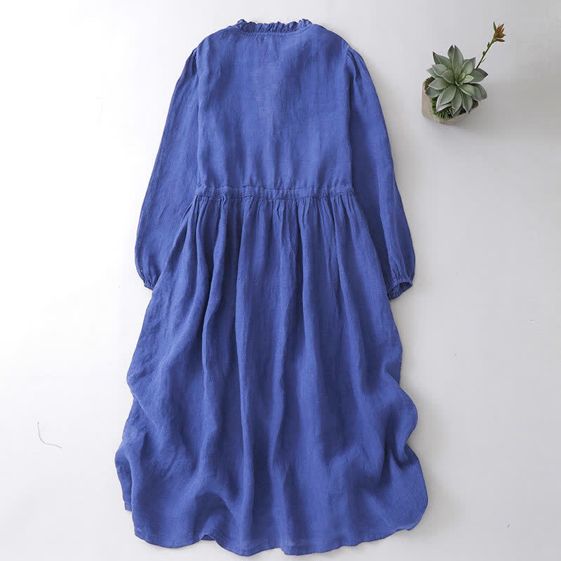 Buddha Stones Lässiges, blaues Vintage-Kleid für Damen mit langen Ärmeln, Knopfleiste, Kordelzug und Tasche für Frühling und Herbst. - image 1