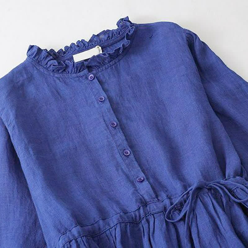 Buddha Stones Lässiges, blaues Vintage-Kleid für Damen mit langen Ärmeln, Knopfleiste, Kordelzug und Tasche für Frühling und Herbst. - image 3
