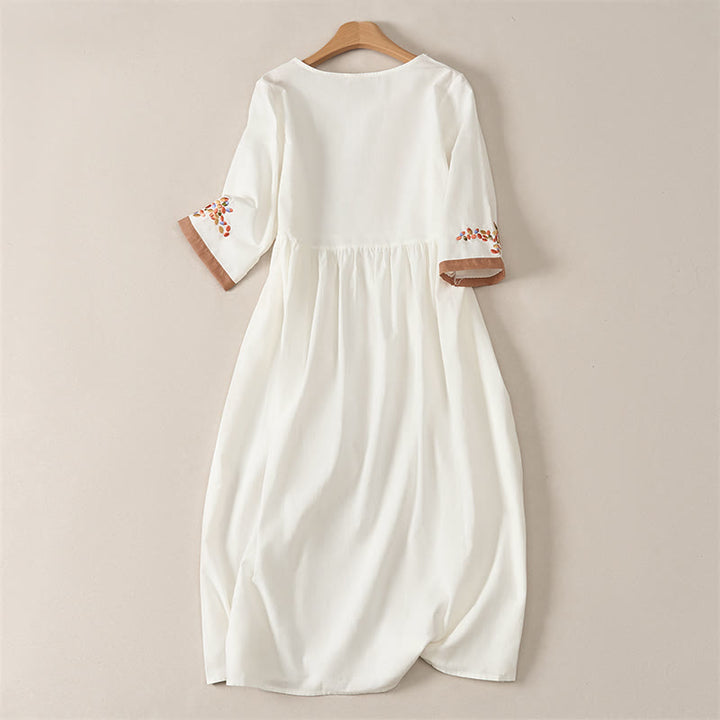 Buddha Stones Frühlings-Midikleid mit ethnischer Stickerei und halben Ärmeln für Damen - image 1