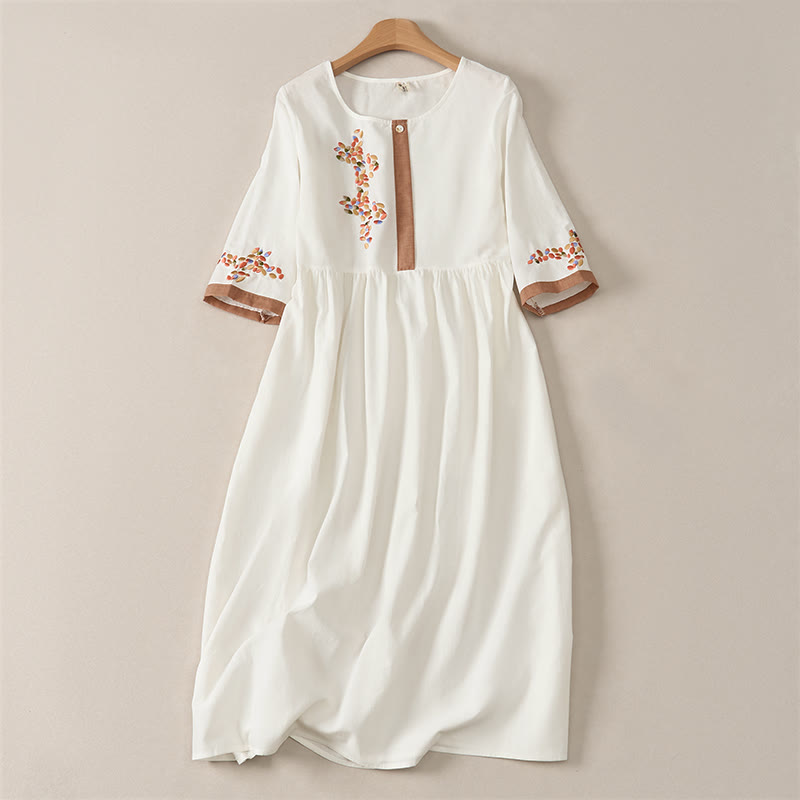 Buddha Stones Frühlings-Midikleid mit ethnischer Stickerei und halben Ärmeln für Damen - Weiß - US12, UK/AU16, EU44 (2XL) - image 0
