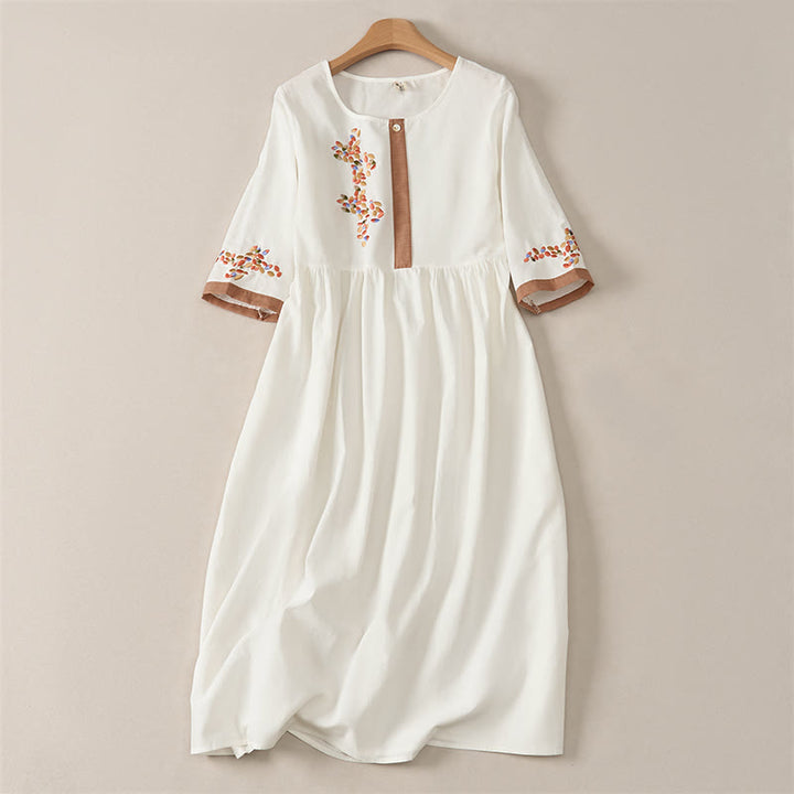 Buddha Stones Frühlings-Midikleid mit ethnischer Stickerei und halben Ärmeln für Damen - Weiß - US12, UK/AU16, EU44 (2XL) - image 0
