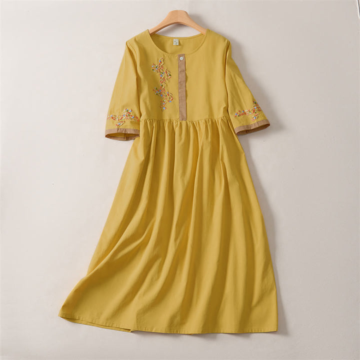 Buddha Stones Frühlings-Midikleid mit ethnischer Stickerei und halben Ärmeln für Damen - Gold - US12, UK/AU16, EU44 (2XL) - image 7