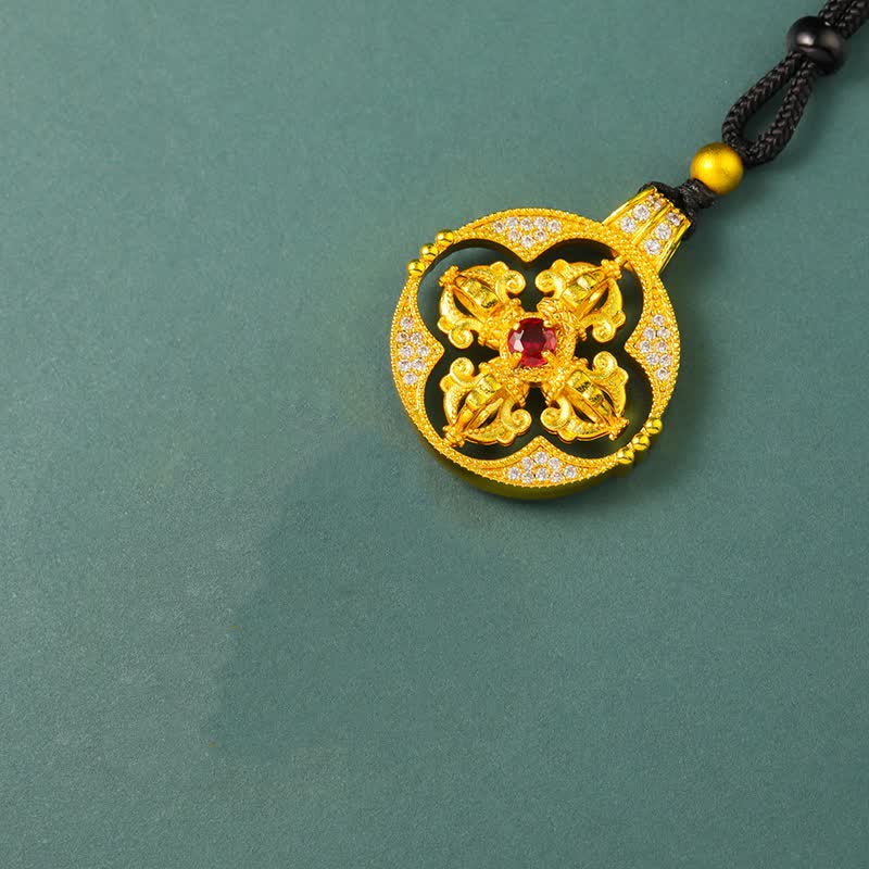 Buddha Stones Runde Halskette mit vergoldetem Messinganhänger „Vajra – Spirituelle Kraft“, rund - Vajra & Schwarzes Seil - image 5