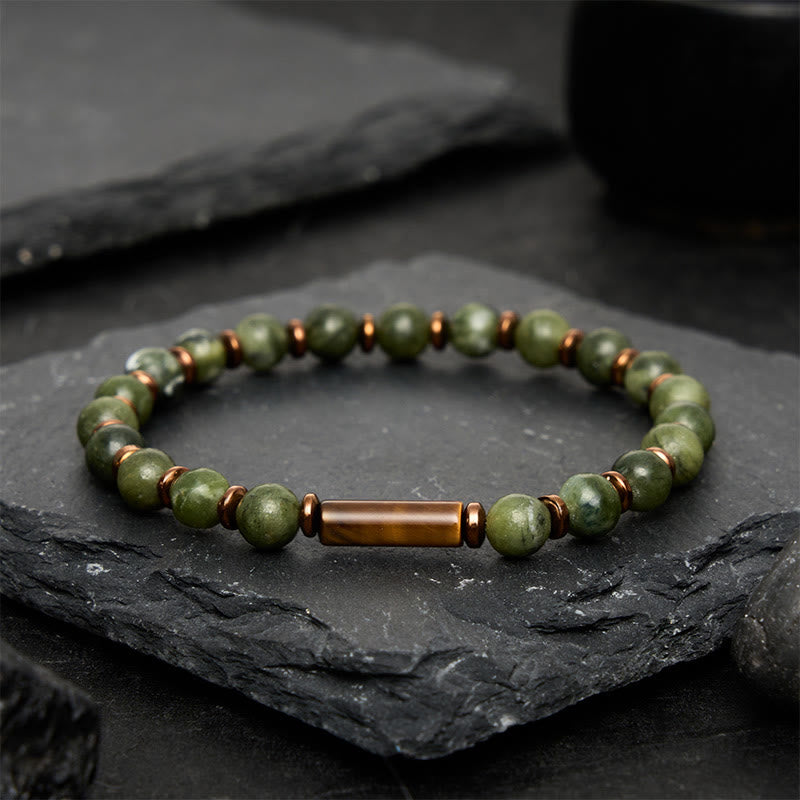 Buddha Stones Armband aus grünem Moosachat mit runden Perlen und Tigerauge-Akzenten - image 1