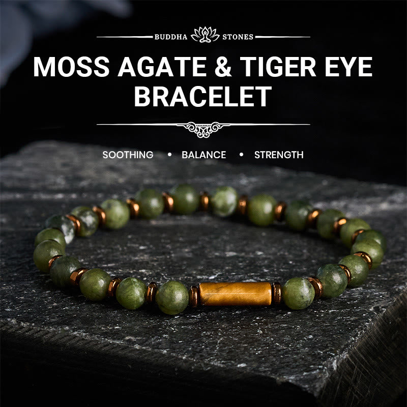 Buddha Stones Armband aus grünem Moosachat mit runden Perlen und Tigerauge-Akzenten - image 0