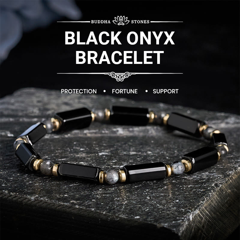 Buddha Stones Armband aus schwarzem Onyx mit Kupferakzentperlen - Schwarzer Onyx (Handgelenkumfang: 16–17 cm) - image 0