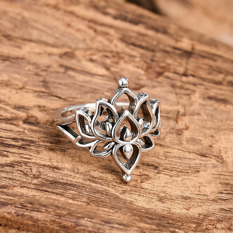 Buddha Stones Vintage-Ring mit Lotus-Motiv in Silberoptik - image 2