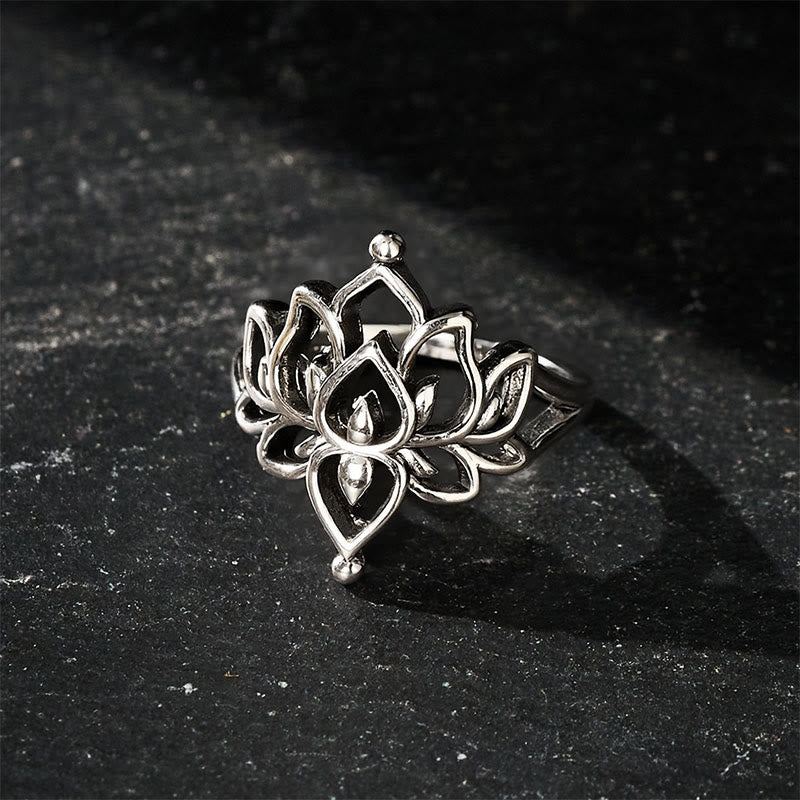 Buddha Stones Vintage-Ring mit Lotus-Motiv in Silberoptik - image 3