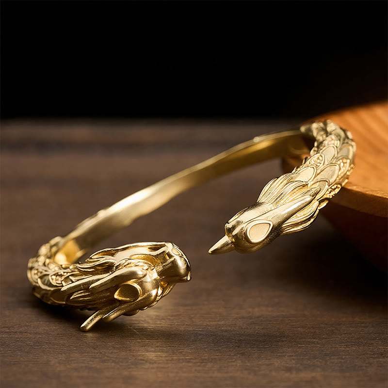 Buddha Stones Antikes offenes Armband aus Messing mit Drachen- und Phönixmotiv - Messing - image 10