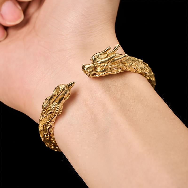 Buddha Stones Antikes offenes Armband aus Messing mit Drachen- und Phönixmotiv - image 15