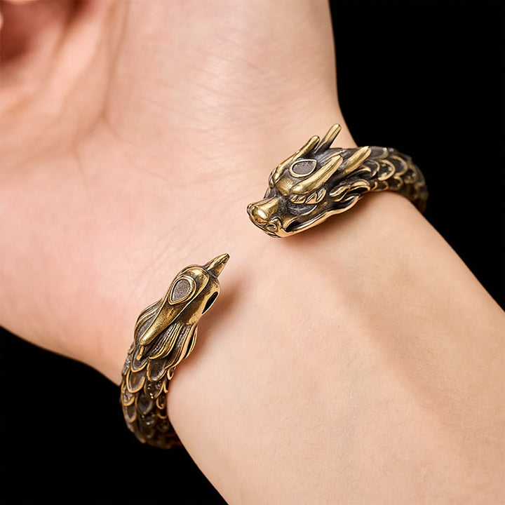 Buddha Stones Antikes offenes Armband aus Messing mit Drachen- und Phönixmotiv - image 5