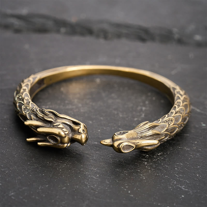 Buddha Stones Antikes offenes Armband aus Messing mit Drachen- und Phönixmotiv - image 2