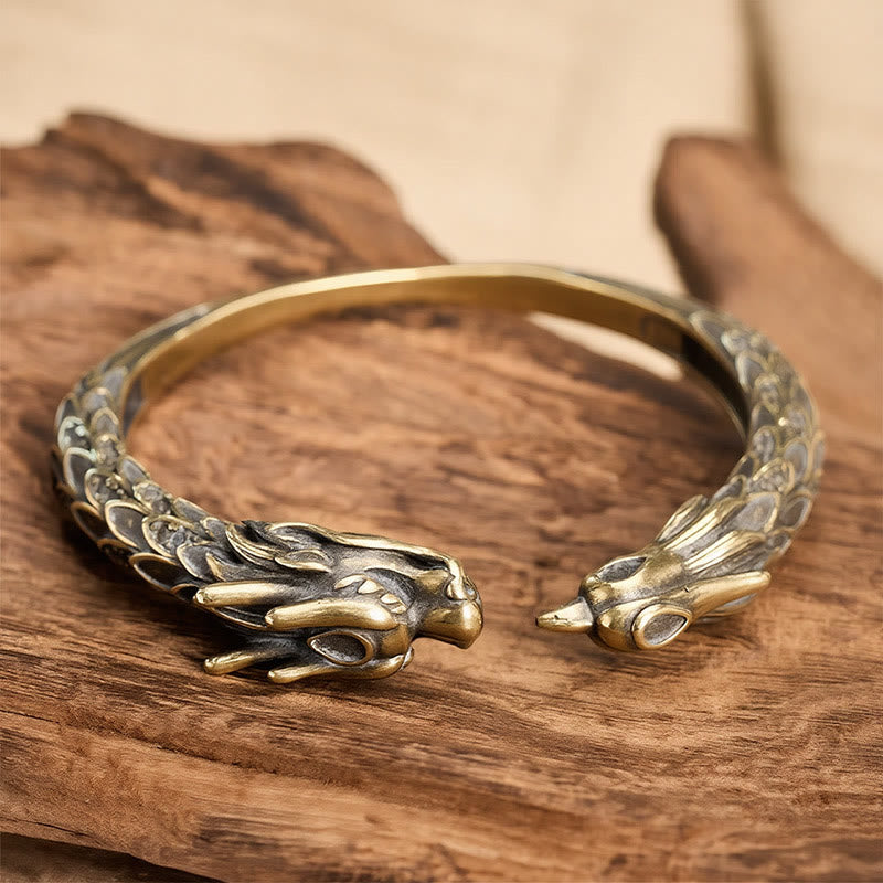 Buddha Stones Antikes offenes Armband aus Messing mit Drachen- und Phönixmotiv - image 1
