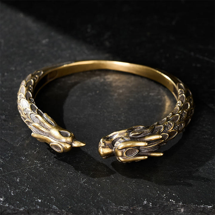 Buddha Stones Antikes offenes Armband aus Messing mit Drachen- und Phönixmotiv - image 3