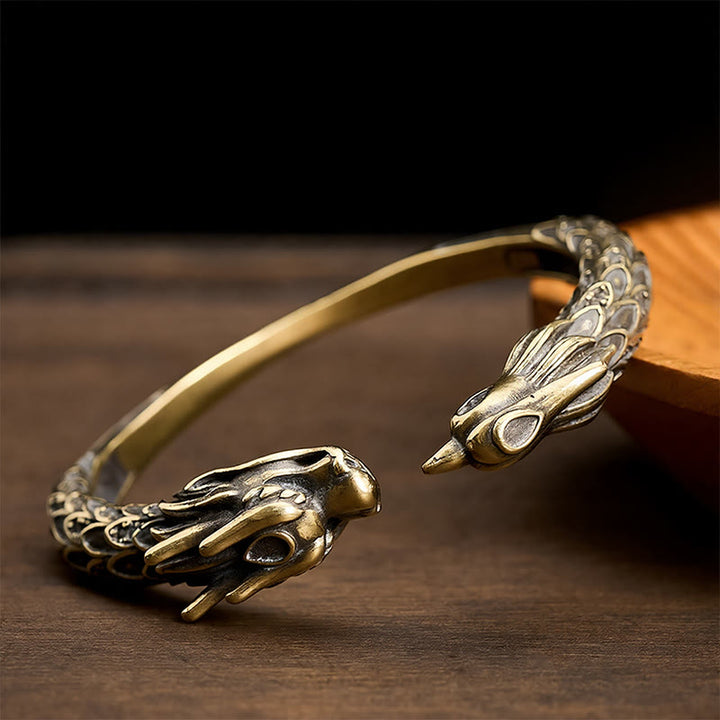 Buddha Stones Antikes offenes Armband aus Messing mit Drachen- und Phönixmotiv - Dunkelmessing - image 0