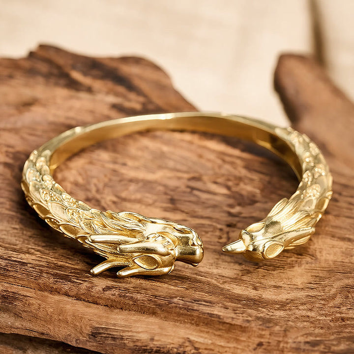 Buddha Stones Antikes offenes Armband aus Messing mit Drachen- und Phönixmotiv - image 11