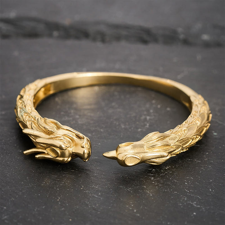 Buddha Stones Antikes offenes Armband aus Messing mit Drachen- und Phönixmotiv - image 12