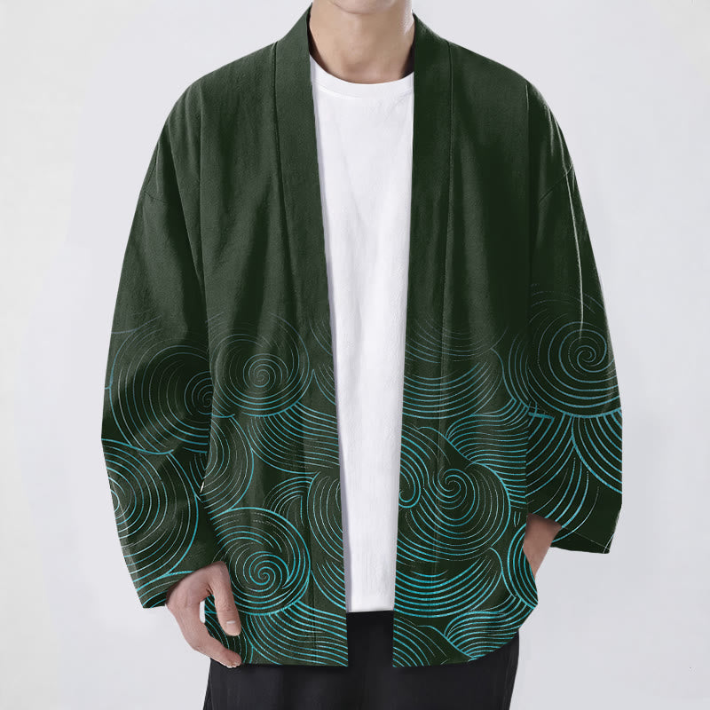 Buddha Stones Kimono für Herren aus Baumwolle mit Wellenmuster und offener Vorderseite - Dunkelgrün - US/UK/AU48, EU58 (4XL) - image 0