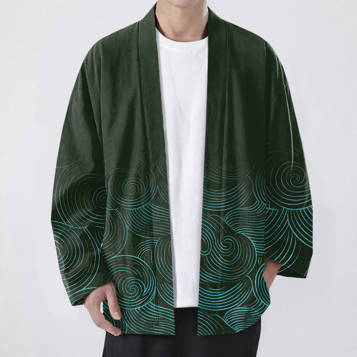 Buddha Stones Kimono für Herren aus Baumwolle mit Wellenmuster und offener Vorderseite - Dunkelgrün - US/UK/AU48, EU58 (4XL) - image 0