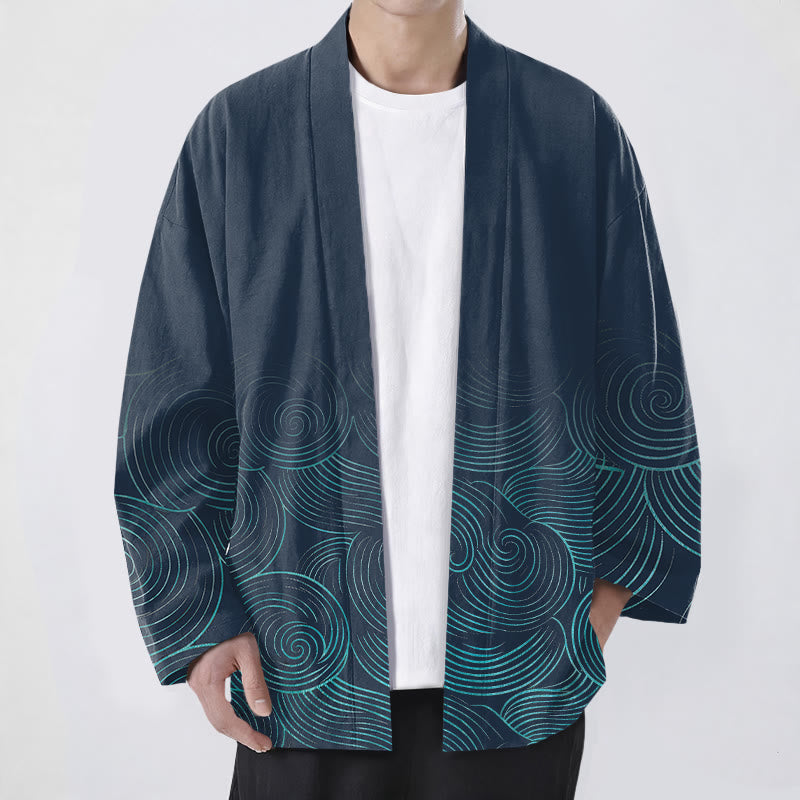 Buddha Stones Kimono für Herren aus Baumwolle mit Wellenmuster und offener Vorderseite - Marine - US/UK/AU48, EU58 (4XL) - image 6